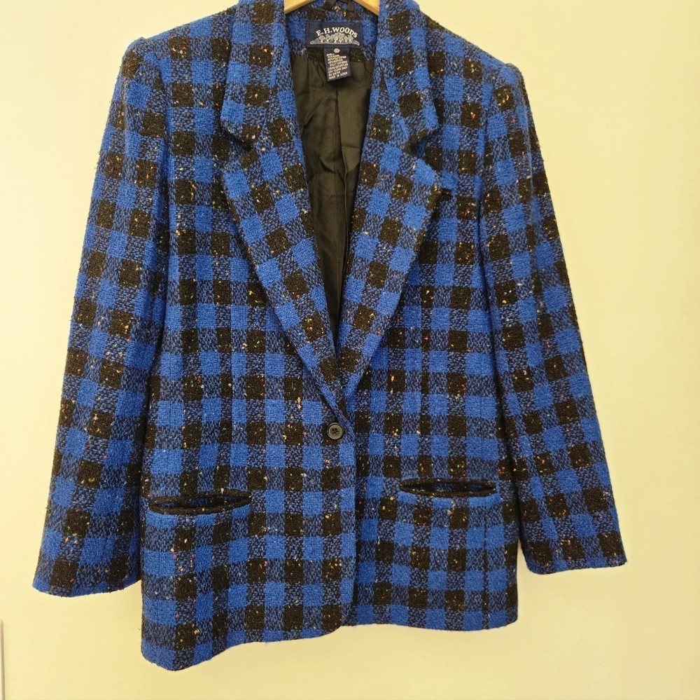 Vintage Wool Blue and Black Checkered Women's Jacket